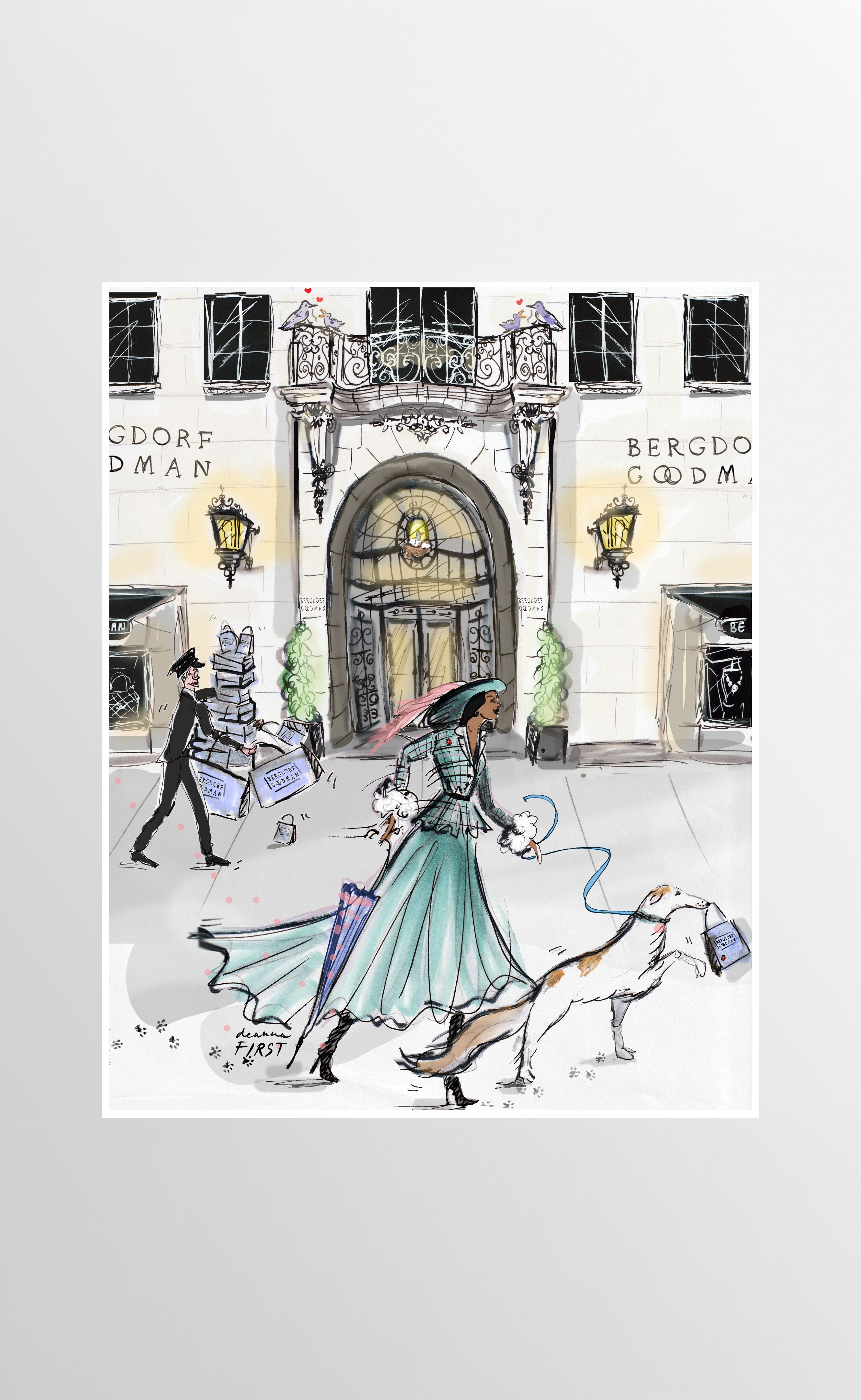 Fashion illustration art print by Deanna First featuring Bergdorf Goodman 5th Avenue. 