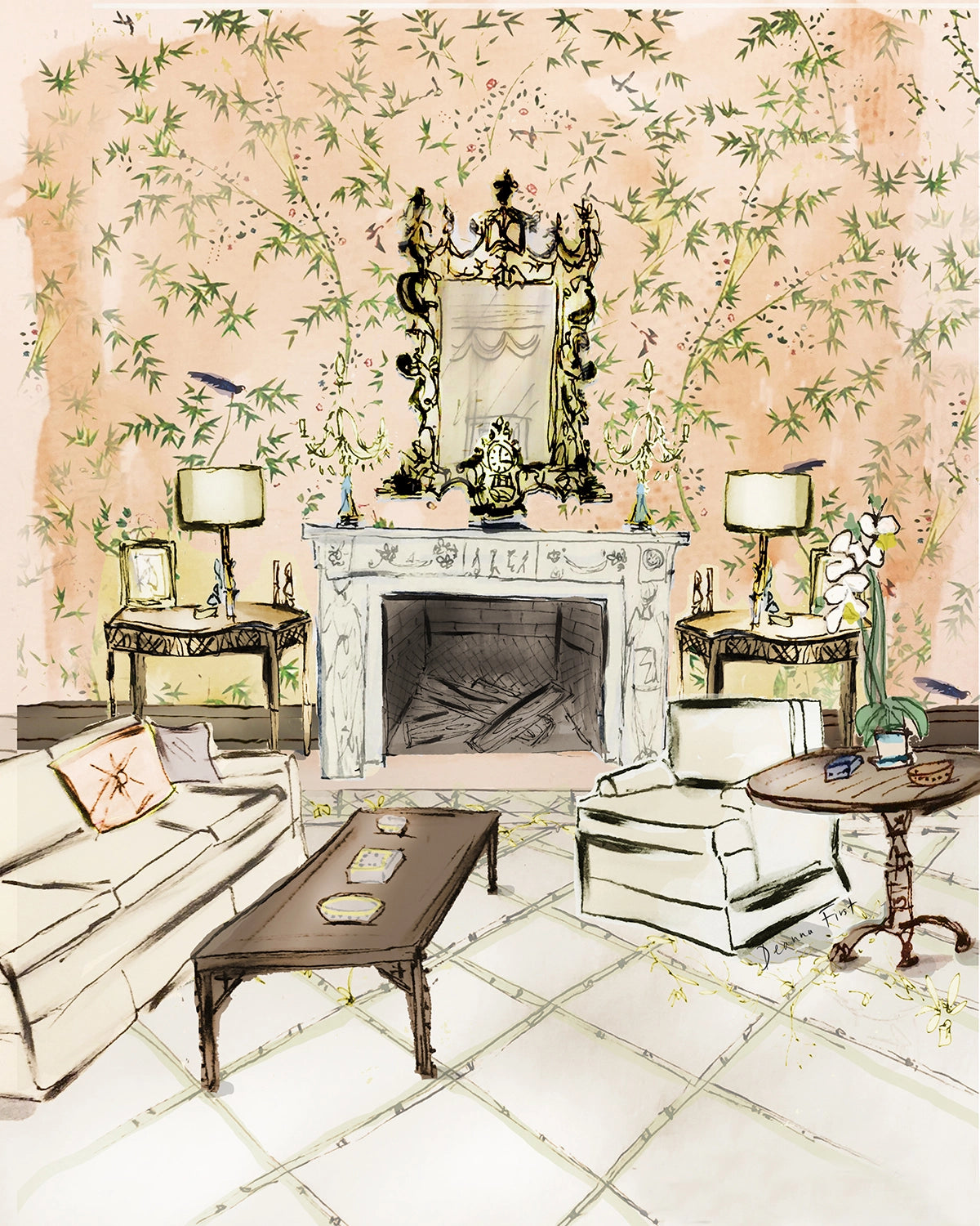 Custom menu art illustration for Betsy Bloomingdale x YSL luncheon by illustrator Deanna First
