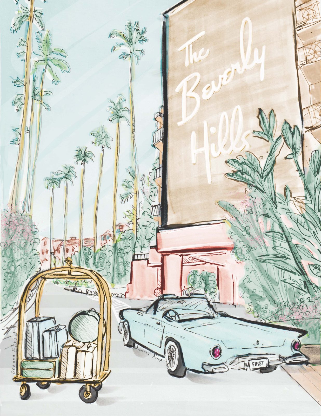 Beverly hills hotel famous personal artwork fashion illustration by Deanna First