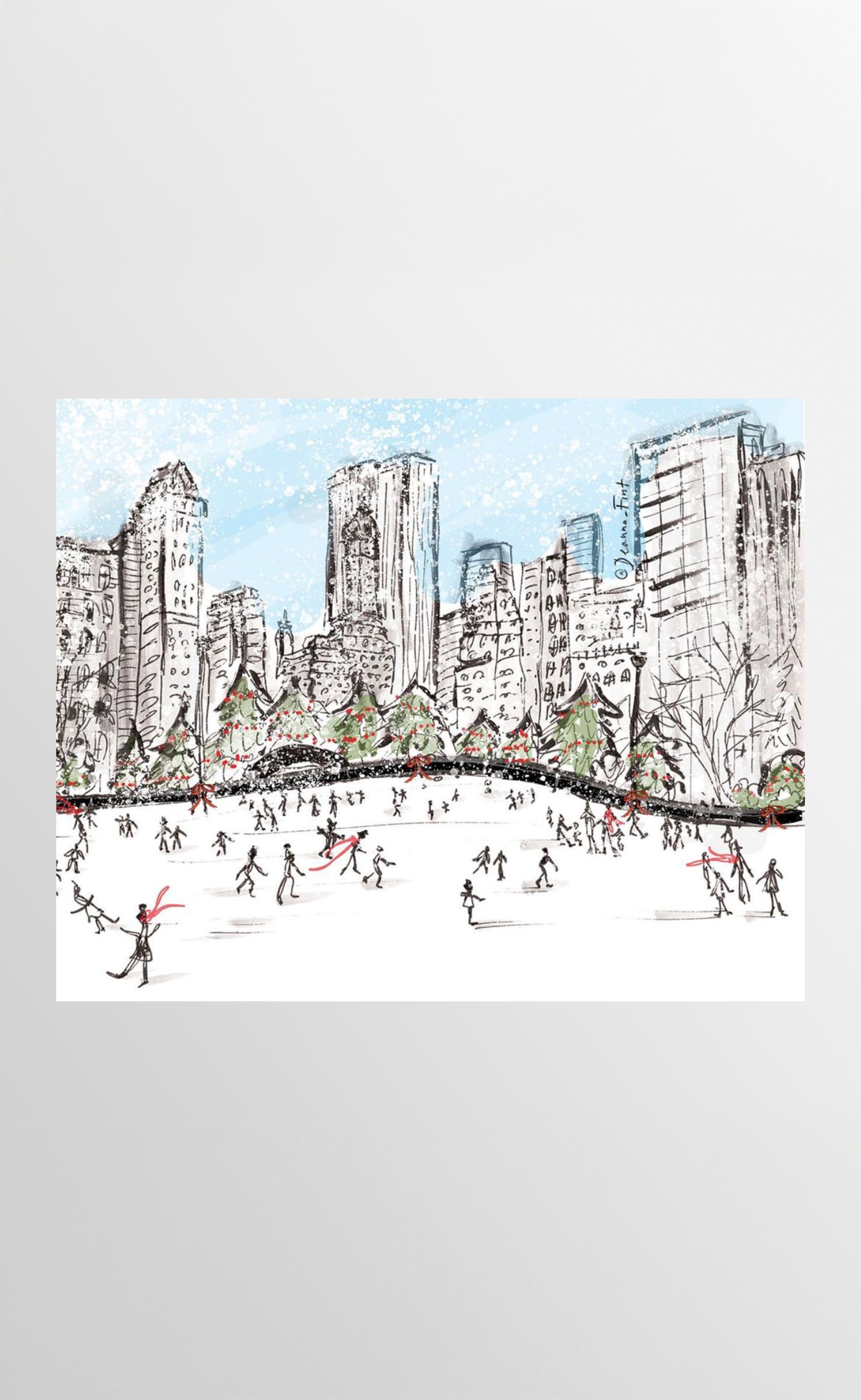 Bryant Park Winter Village ice skating illustration art print by Deanna First.
