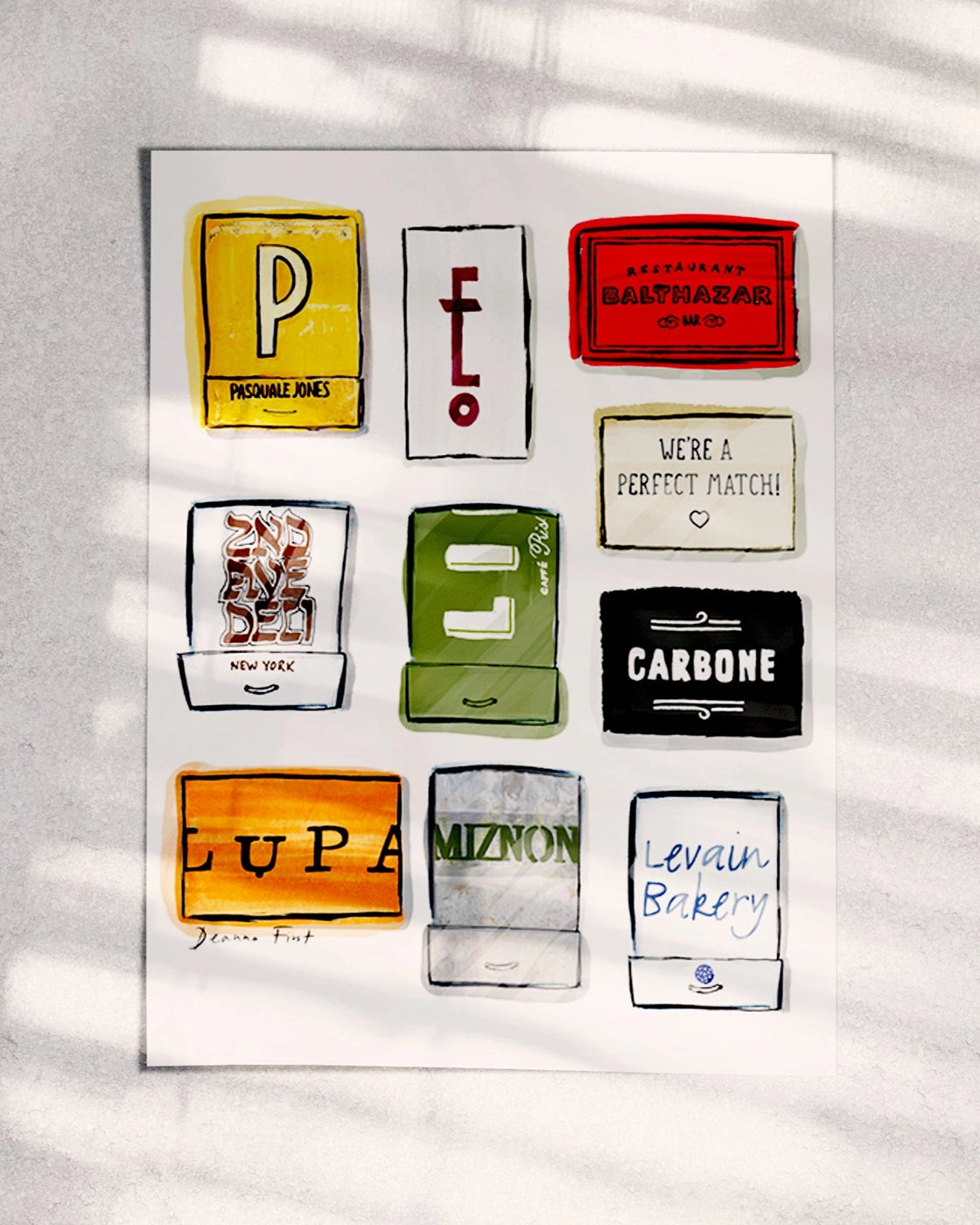 custom matchbook prints by illustrator Deanna First in Brides Magazine