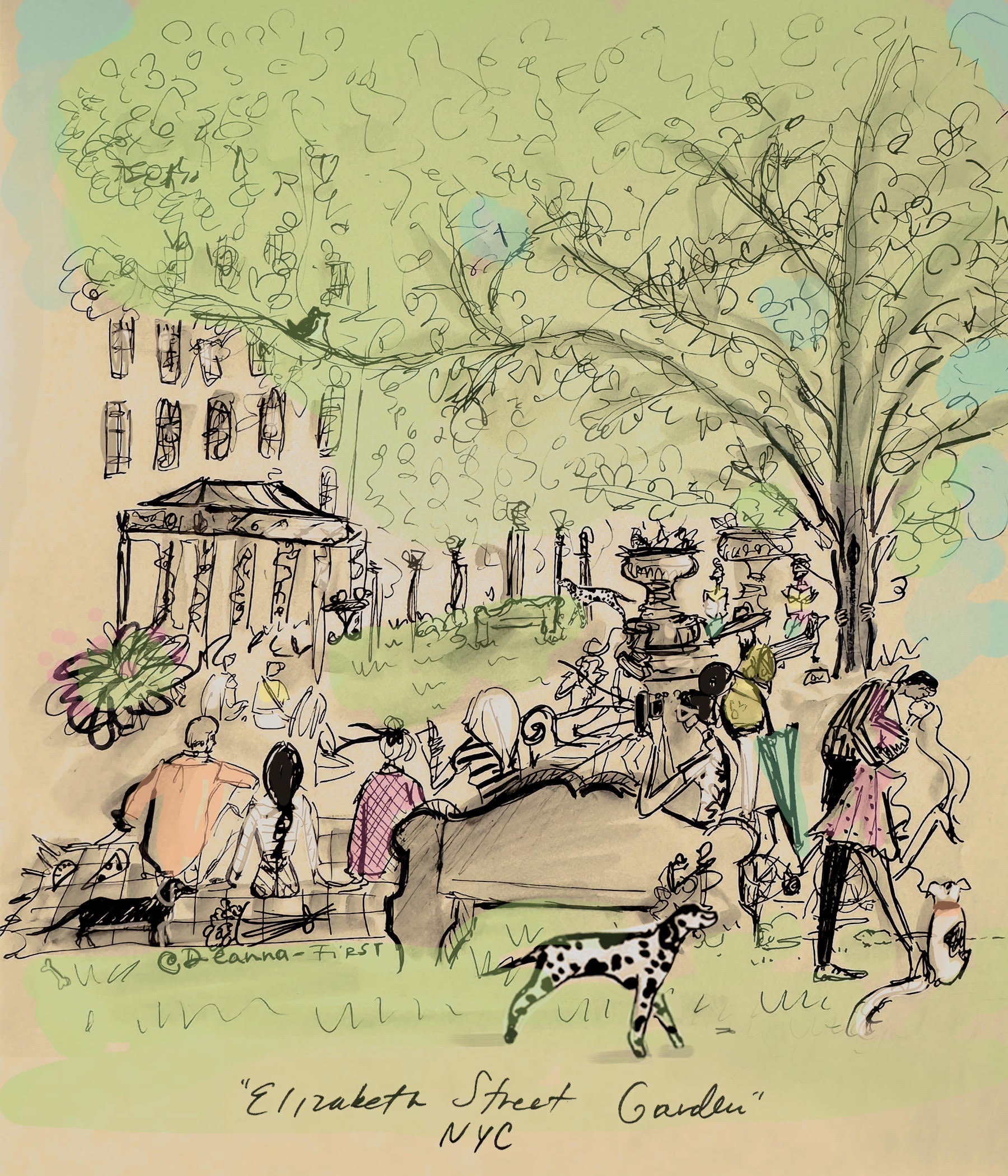 elizabeth street garden nyc personal artwork fashion illustration by Deanna First
