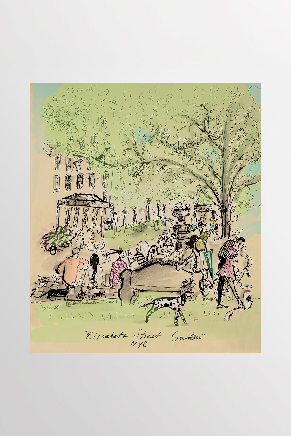 Elizabeth Street Garden Nolita NYC art print illustration by Deanna First