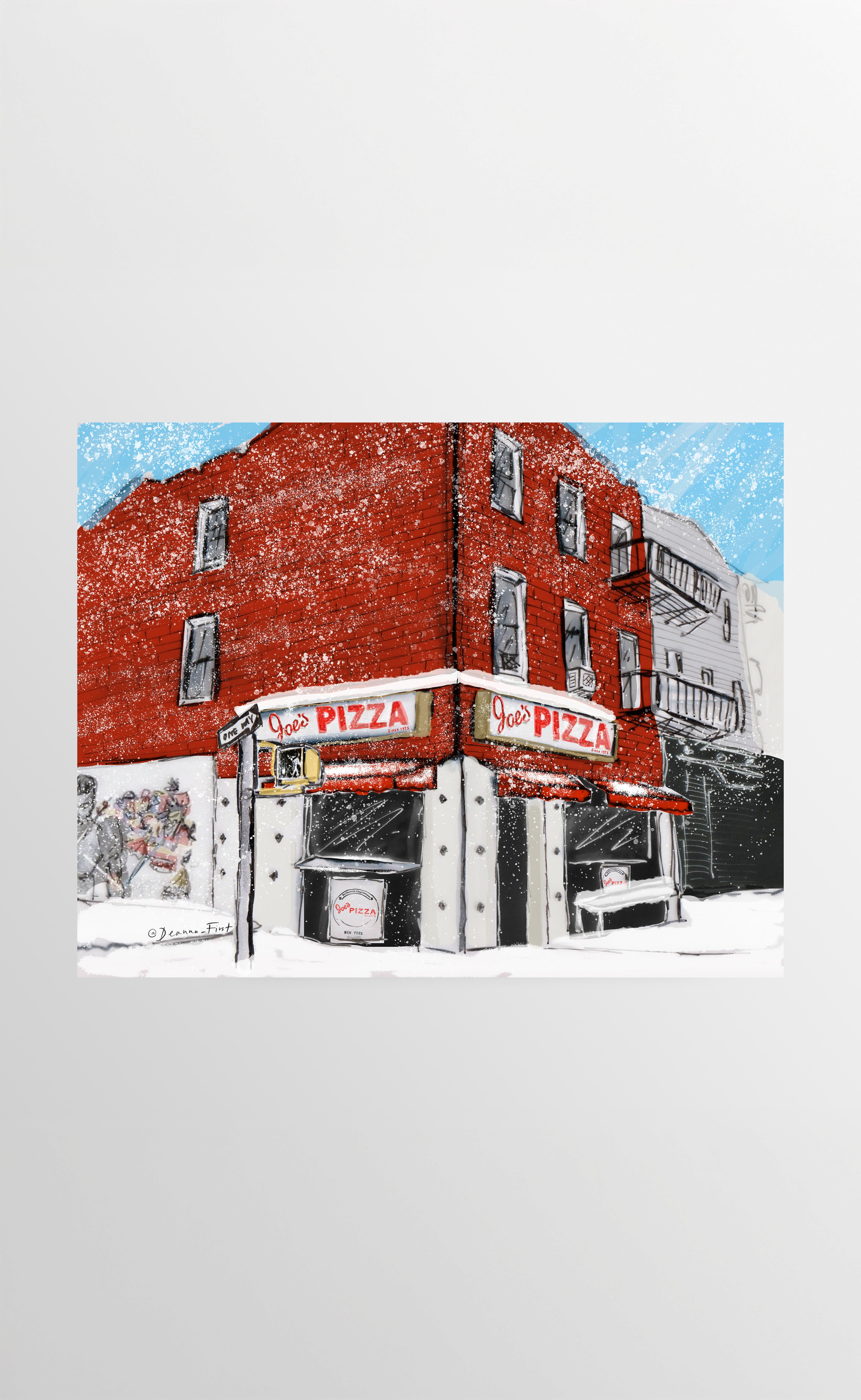 Joe’s Pizza Brooklyn storefront fashion illustration art print by NYC artist Deanna First