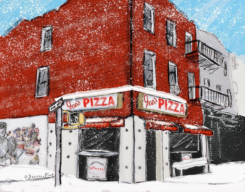 Joe's Pizza storefront by illustrator Deanna First 