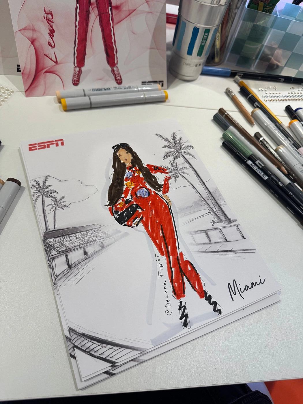 Live sketch in Miami for Formula 1 ESPN by illustrator Deanna First