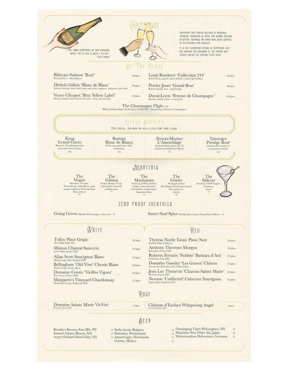 The plaza hotel champagne bar menu by Deanna First artwork illustration