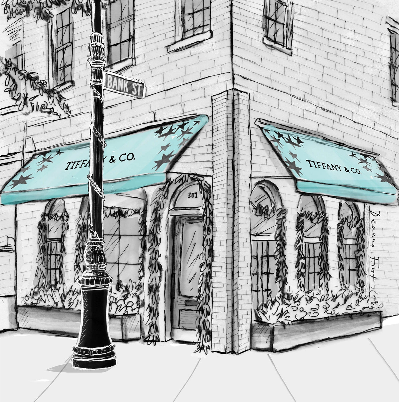 Storefront illustrated backdrop for Holiday at the Tiffany & Co West Village pop up, illustration by Deanna First