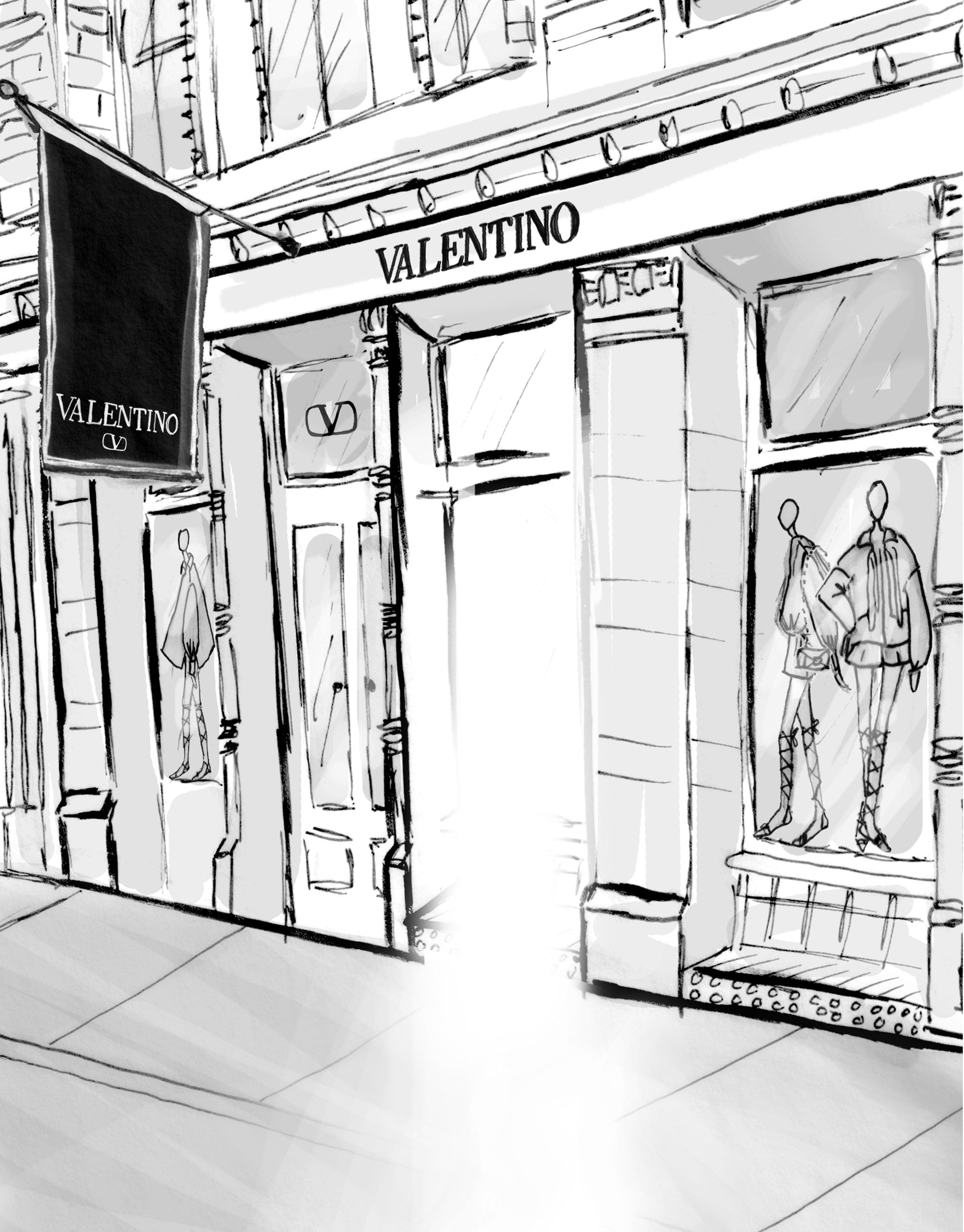 Valentino storefront artwork by fashion and lifestyle illustrator Deanna First