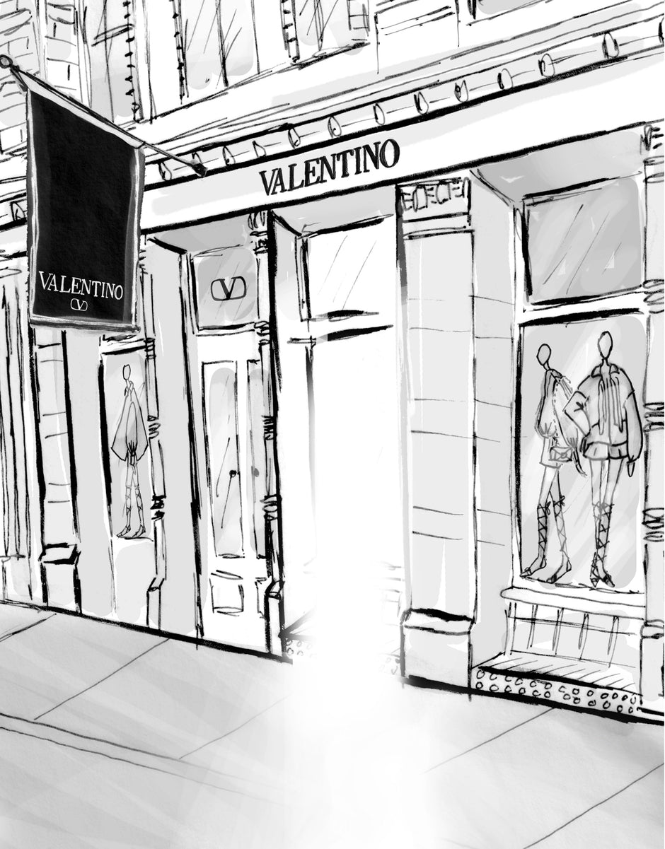 Valentino storefront artwork by fashion and lifestyle illustrator Deanna First