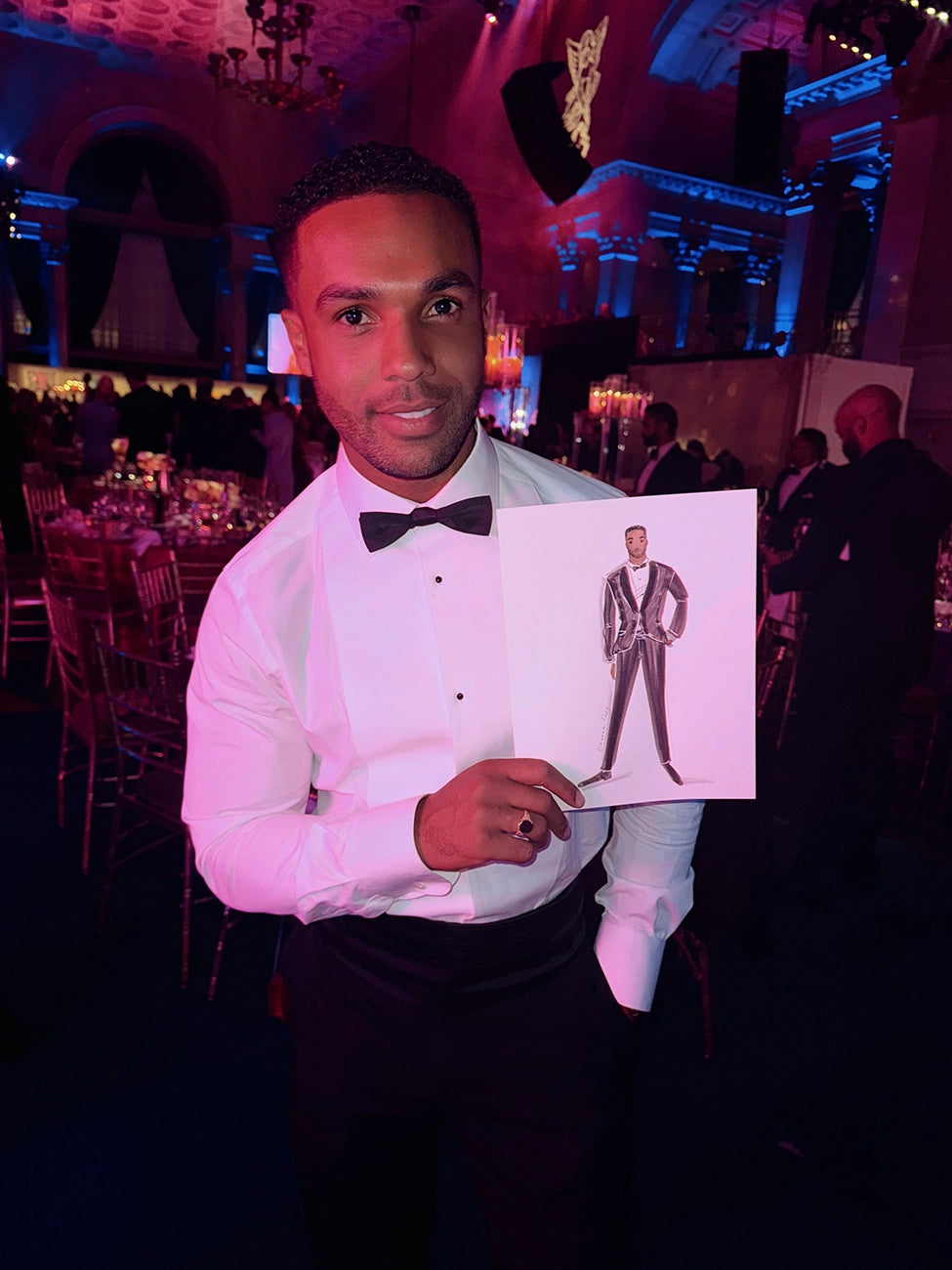 Casa cipriani with Lucien - Alfie from Emily in Paris at The Angel Ball 2024 with illustration by Deanna First live sketch