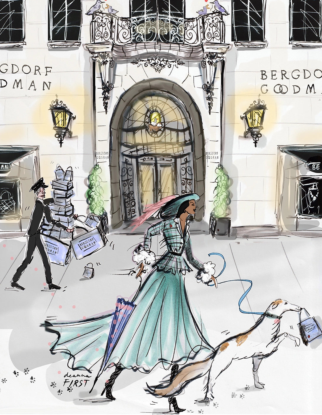 Custom illustration bags for Bergdorf Goodman x Chairish by Deanna First. 