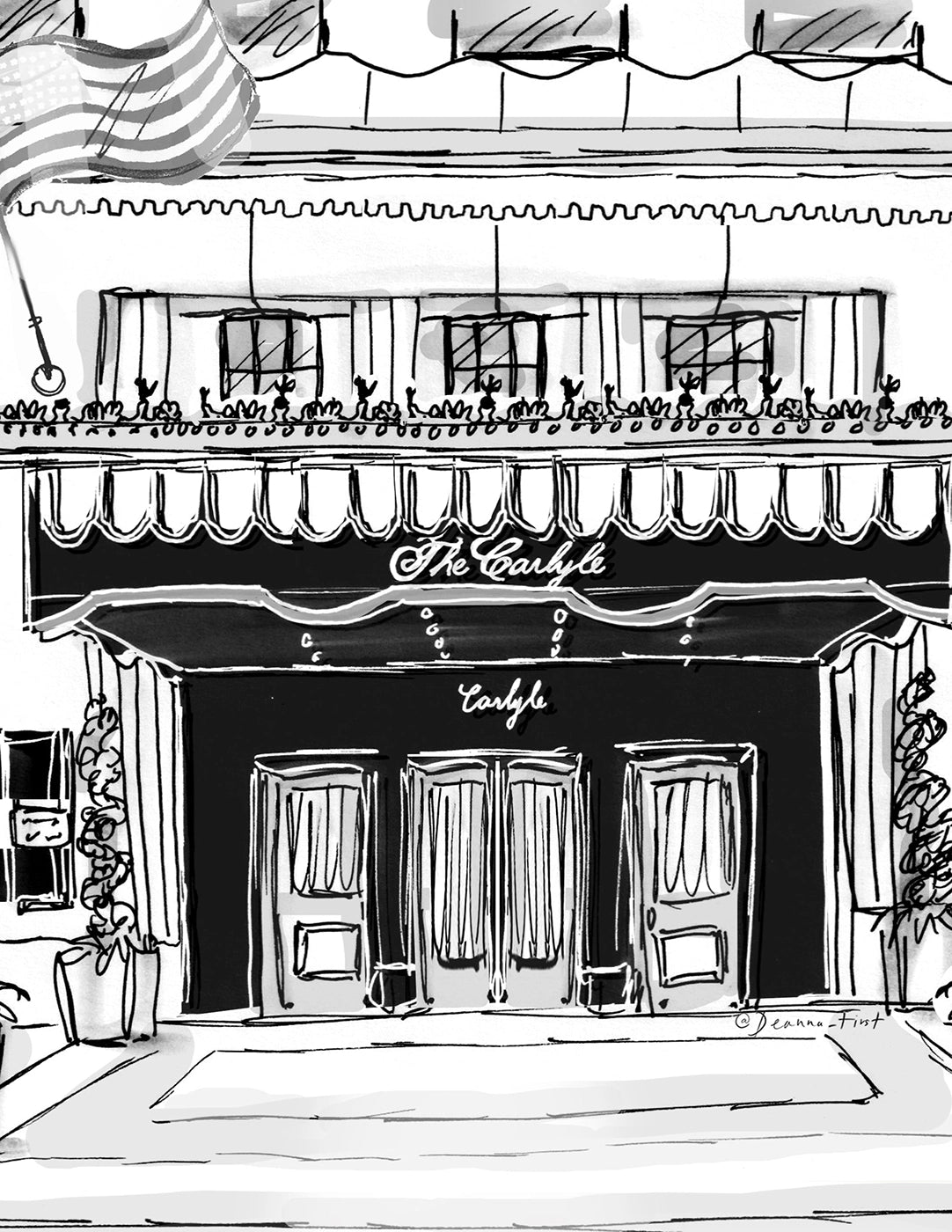 Illustrated backdrop for The Carlyle holiday events by illustrator Deanna First