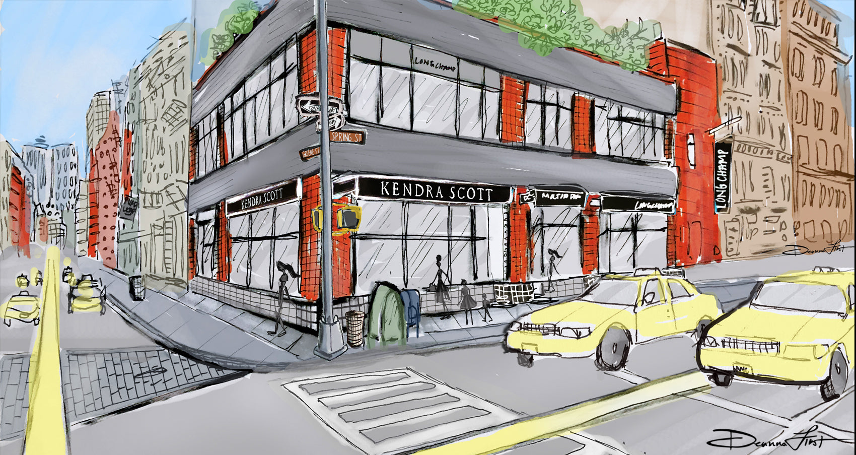 Custom commission for illustrated postcards and press release for Kendra Scott SoHo by Deanna First